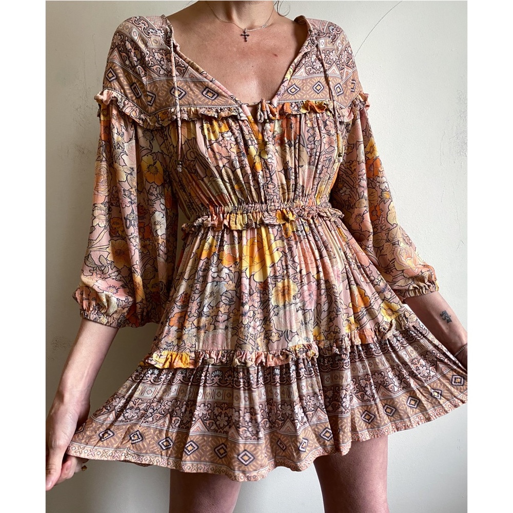 Spell Floral Boho Mini Dress in Pink, Yellow and Brown